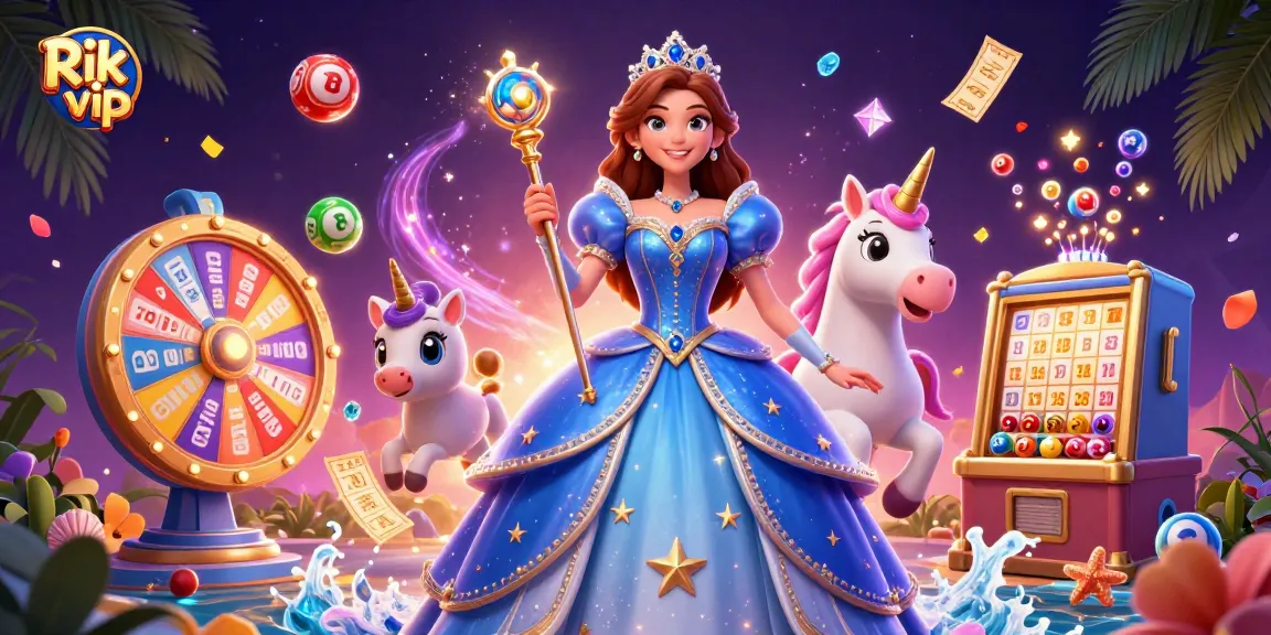 Experience the excitement of Rik vip with vibrant lottery elements and magical casino-themed figures.