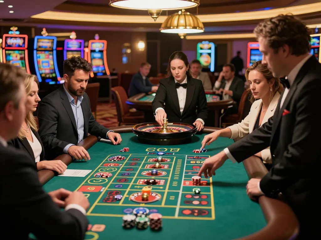 MM88 players strategizing bets at an exciting roulette table in a bustling casino