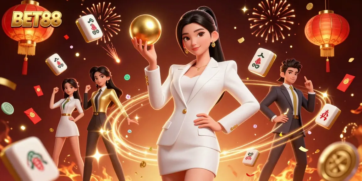BET88 engages players with vibrant 3D casino illustration featuring a confident woman and stunning visuals.