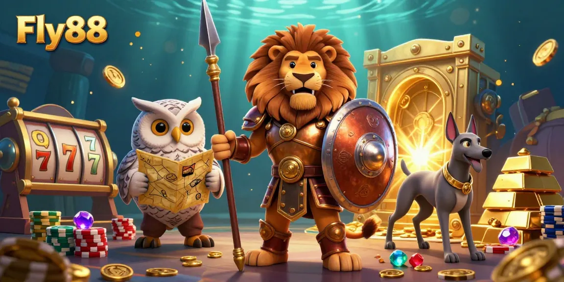 Fly88 showcases an ultra-detailed 3D illustration featuring a Spartan lion, a tactical owl, and a greyhound, surrounded by casino treasures.