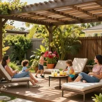 Family enjoying outdoor relaxation under a pergola configurator, surrounded by greenery and refreshments.