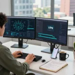 IT professional optimizing 快连 VPN in modern workspace with dual monitors and city view.