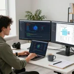 openclawd AI development environment showcasing a professional workspace with monitors, plants, and coding materials.