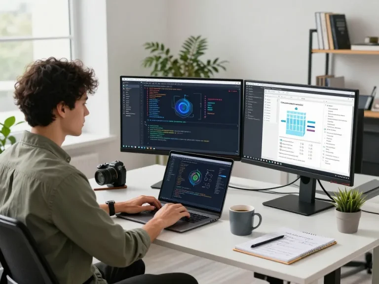 openclawd AI development environment showcasing a professional workspace with monitors, plants, and coding materials.