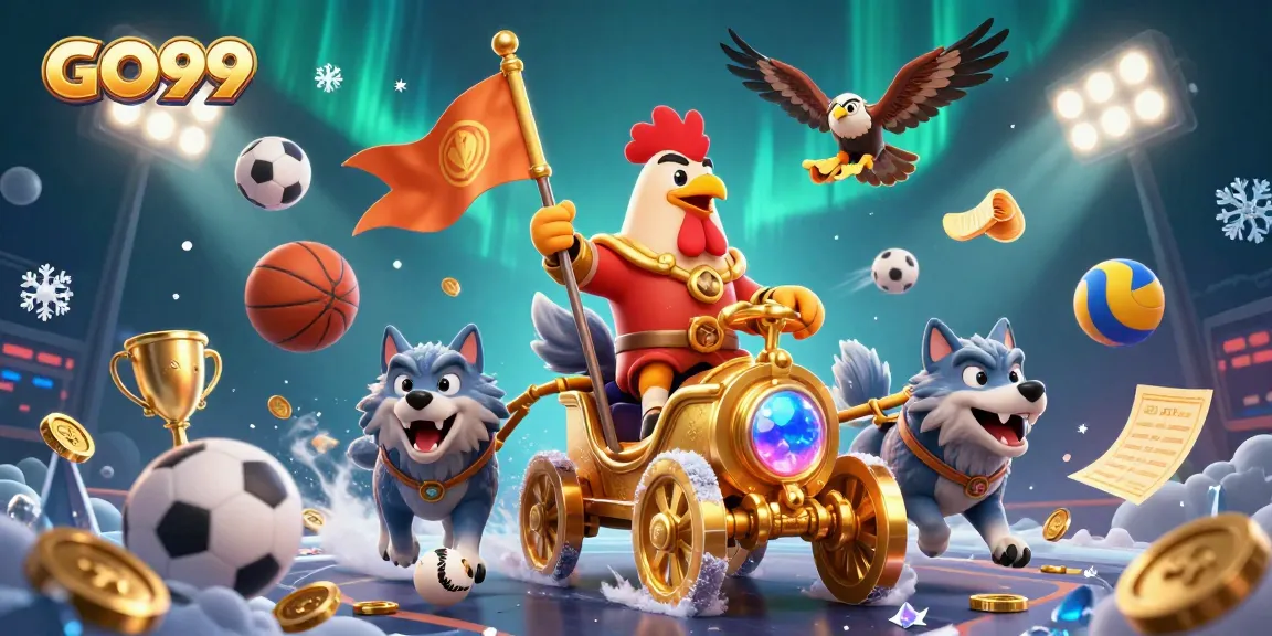 Experience GO99 action with a rooster warlord and sports elements in a vivid 3D illustration.