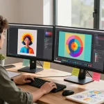 Designer utilizing nano banana 2 AI image editor in modern workspace, creating vibrant visuals.
