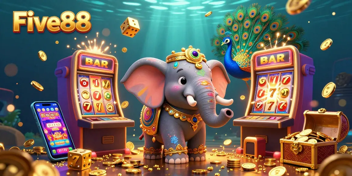Experience the thrill of Five88 casino with vibrant games and charms in this illustration.