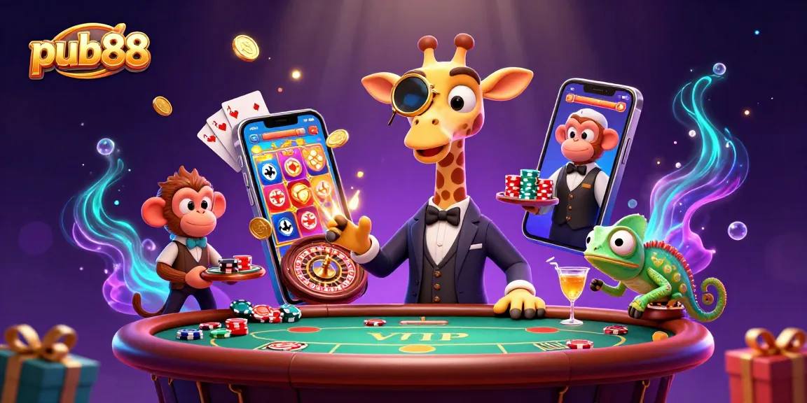 Experience winning moments at pub88 with a vibrant casino scene featuring animated characters and gaming elements.