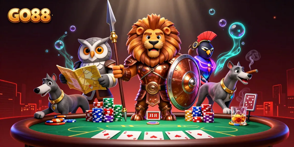 GO88 casino scene depicting a Spartan lion, owl strategist, and greyhound messenger at the poker table.