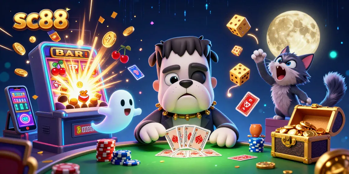 Experience thrilling jackpots at SC88 with the cartoon bulldog dealer amidst vibrant casino elements.