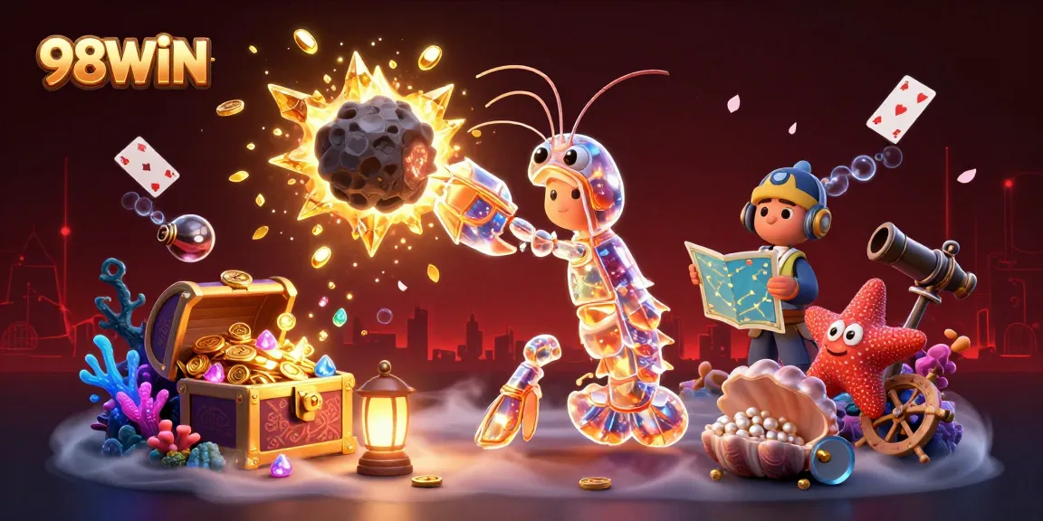 98WIN's exciting galactic scene showcases a mantis shrimp in battle with asteroids, providing vibrant gaming vibes.