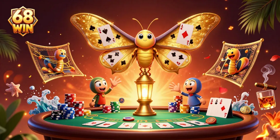 Experience the excitement of 68 WIN with a vibrant casino-themed illustration featuring a majestic moth and poker elements.