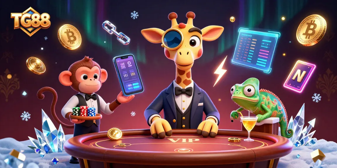 Experience the excitement of TG88 with vibrant 3D characters at the poker table, including a giraffe and monkey.