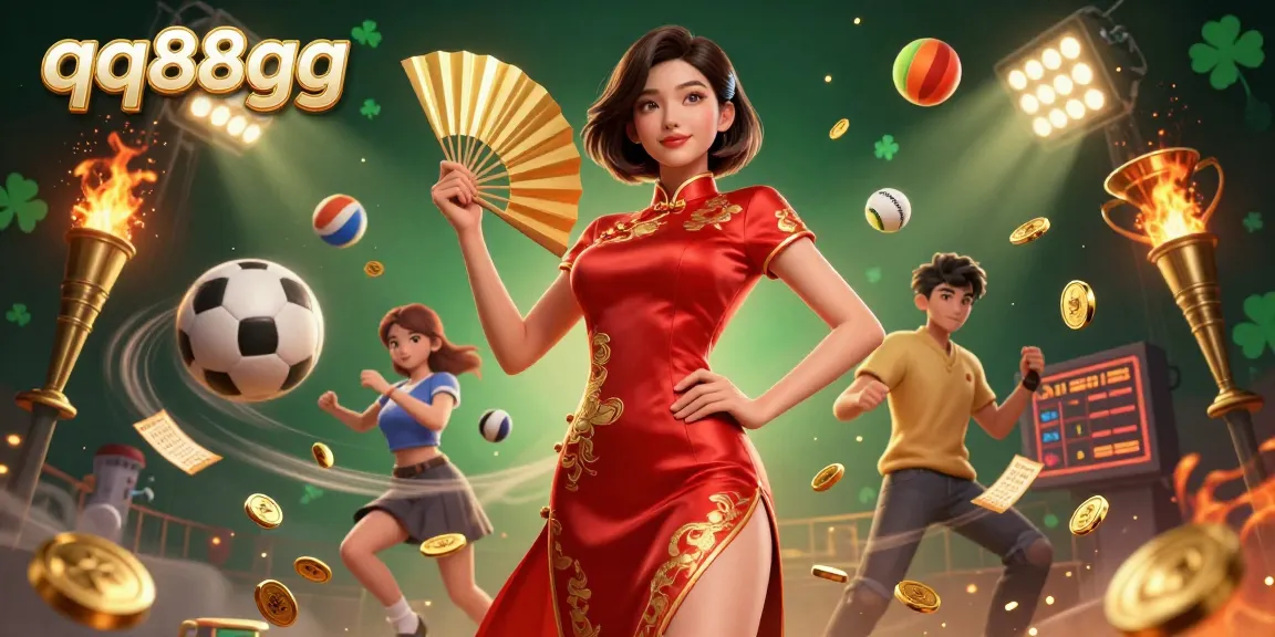 Engage with game strategies at qq88gg by immersing in a vibrant 3D casino illustration filled with sports elements and golden prizes.