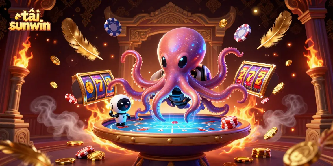 Tải sunwin and experience thrilling gameplay with alien octopus at a holographic casino table.