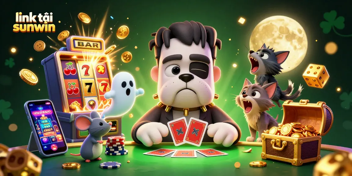 Playing cards and chips surround a Frankenstein monster in a casino setting while promoting link tải sunwin