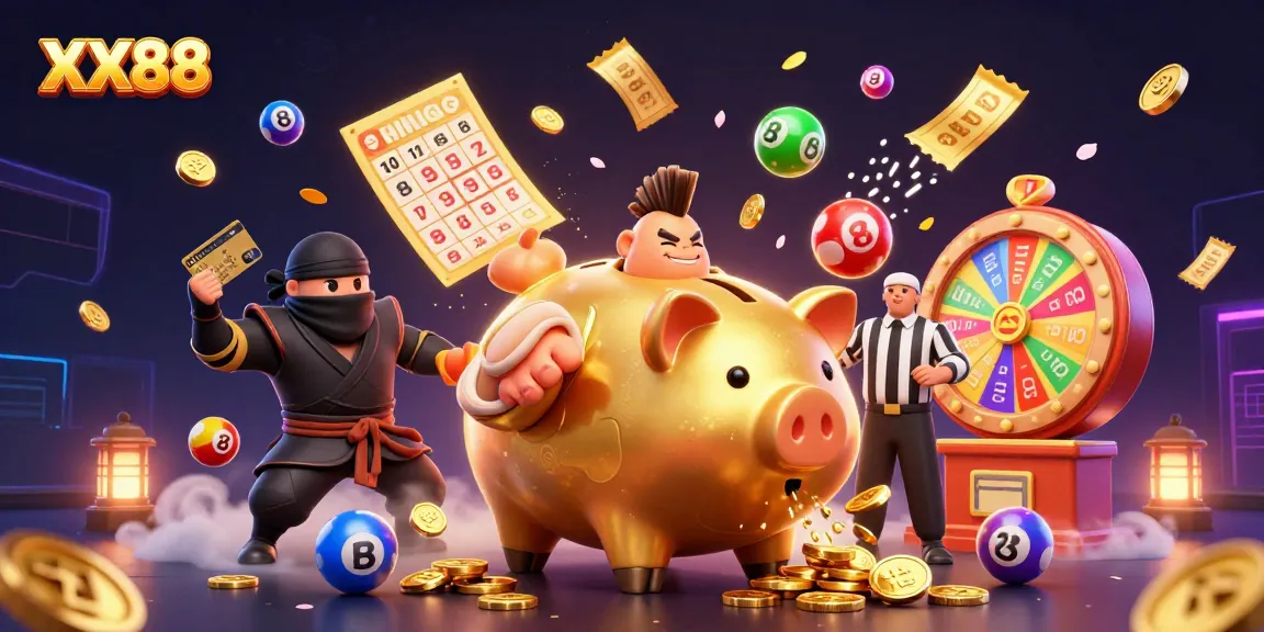 Experience the excitement of XX88 casino with a vivid 3D illustration of gaming characters and colorful elements.