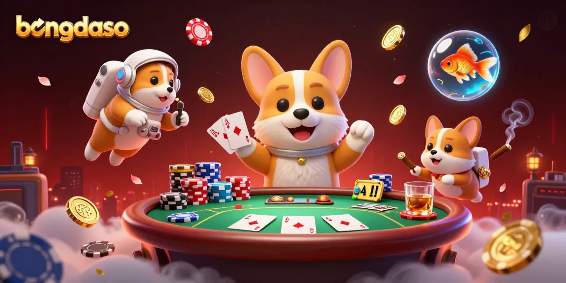 Bongdaso casino scene with a corgi astronaut and floating poker chips, embodying fun and excitement in gambling.