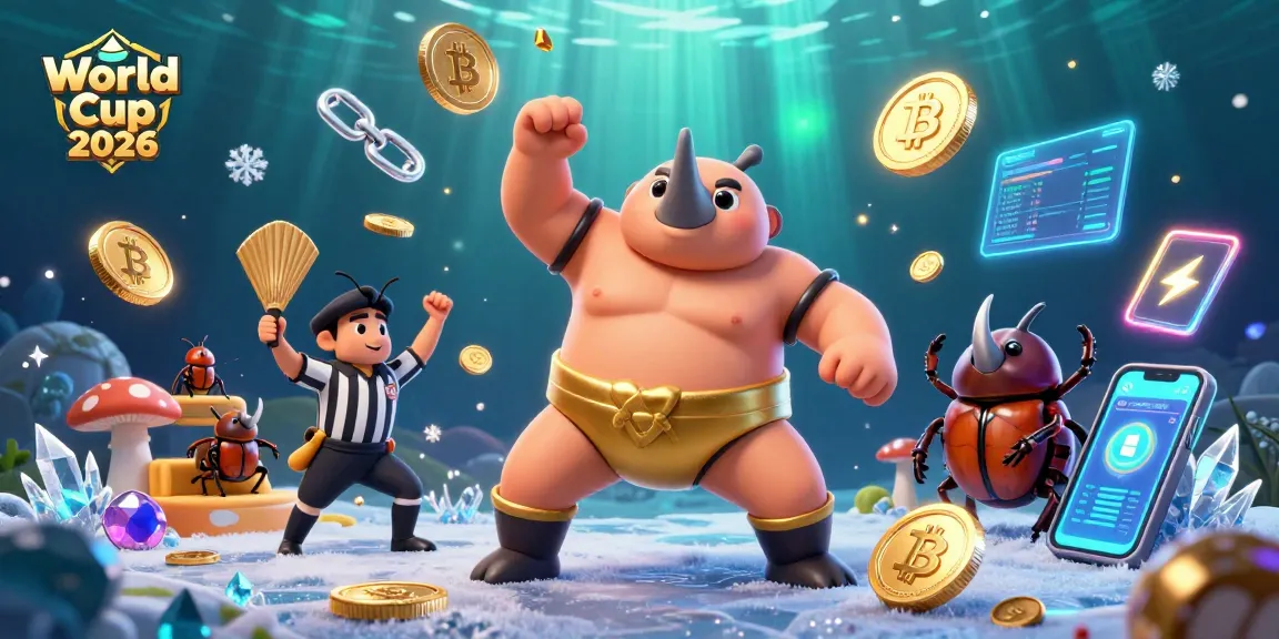 Experience the excitement of World Cup 2026 through a thrilling casino-style illustration filled with crypto elements.