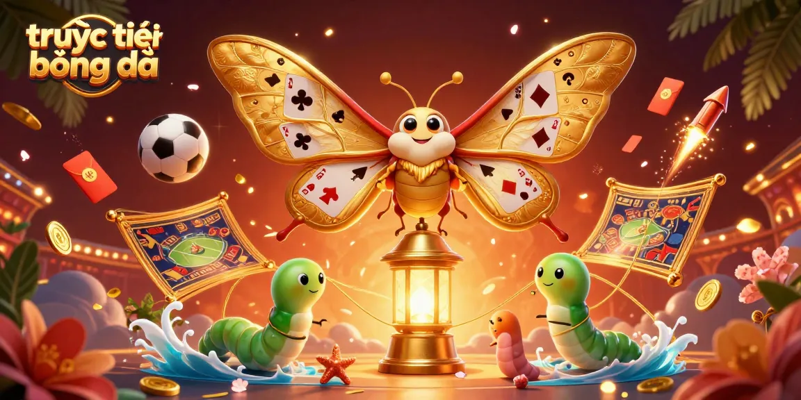 Experience trực tiếp bóng đá with a dynamic visual of sports betting elements and a captivating moth illustration.