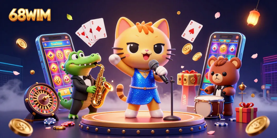 Action-packed scene showcasing 68WIM with vibrant casino theme featuring gaming elements and engaging characters.