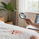 Homeowner inspecting bed for signs of bed bug pest control, with visible stains and a laptop for research.