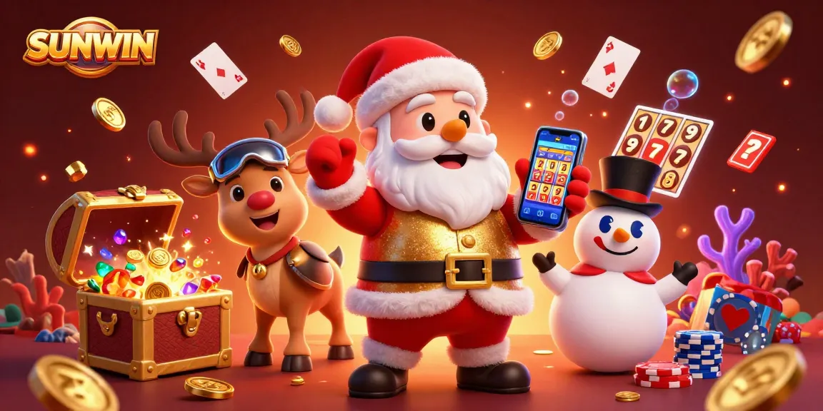 SUNWIN offers thrilling jackpot slots with Santa Claus celebrating amidst vibrant casino elements in this festive illustration.