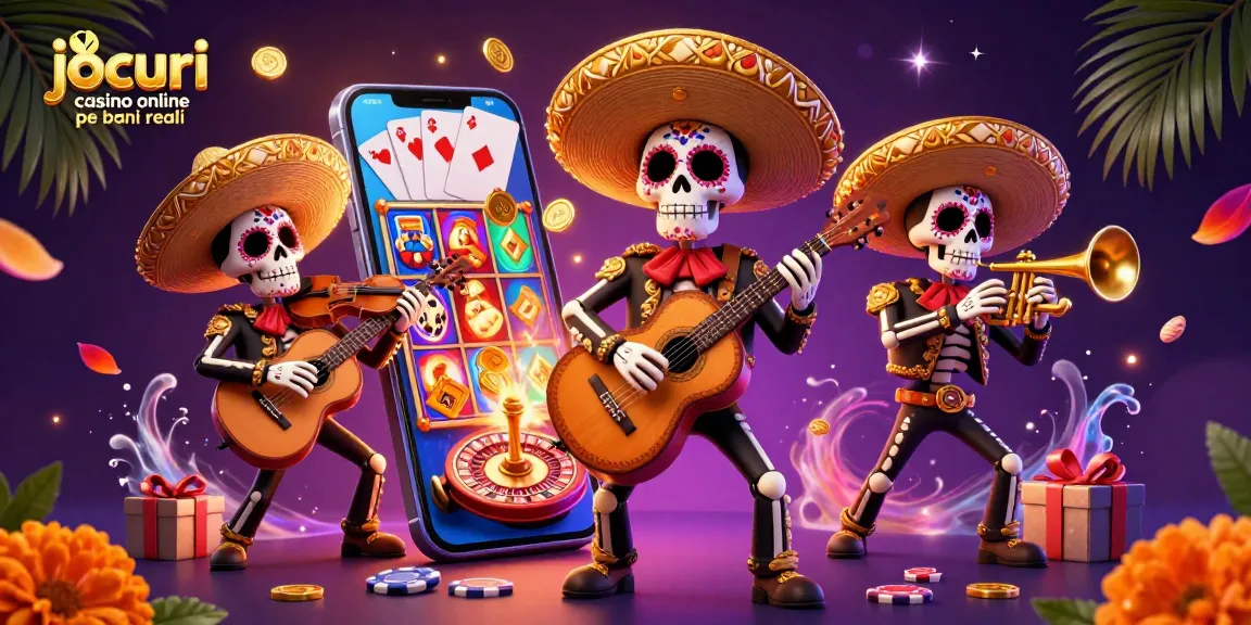 Joacă jocuri casino online pe bani reali cu păcănele colorate și membri ai unei trupe mariachi în fundal.