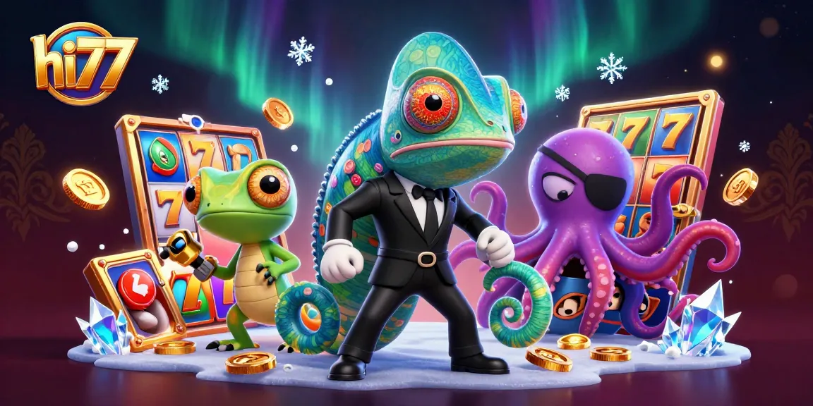 Spin to win at hi77 with a vibrant casino scene featuring colorful slot games and dynamic characters.