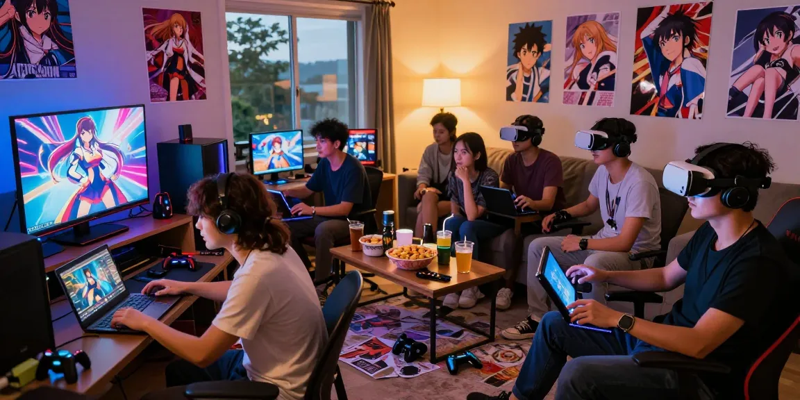 Group playing ecchi games in a lively gaming room with snacks and anime decor