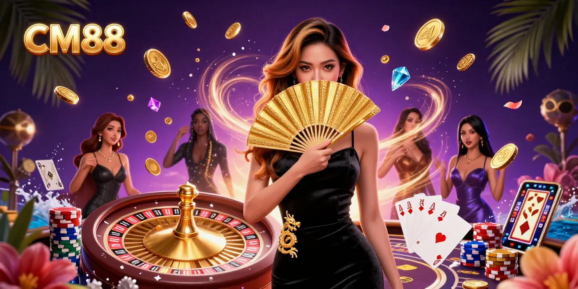 Spin the reels with CM88 in a vibrant casino illustration, surrounded by golden coins and a dazzling roulette wheel.