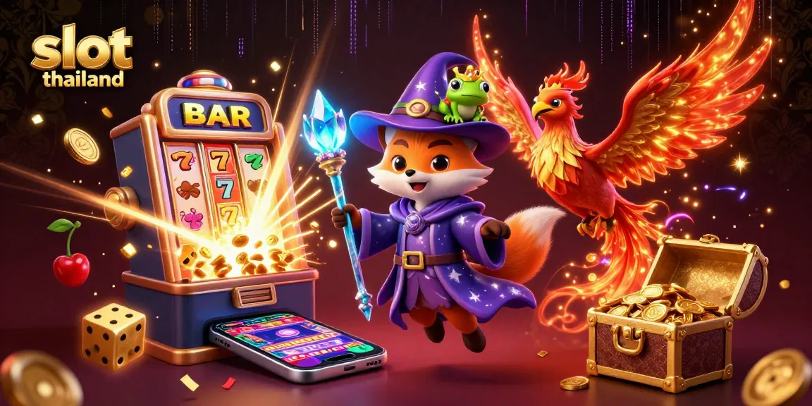 Experience the thrills of slot thailand with a fantasy scene featuring a wizard fox, phoenix, and dynamic gaming elements.