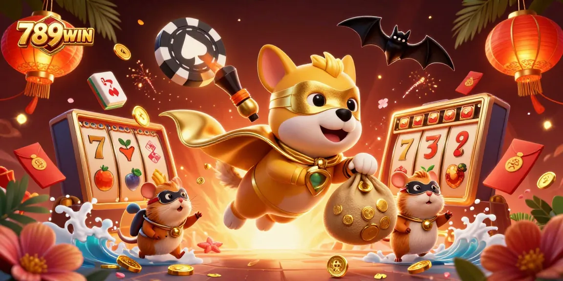 Engage in exciting gameplay at 789WIN with a dynamic 3D illustration of a superhero dog and coins.