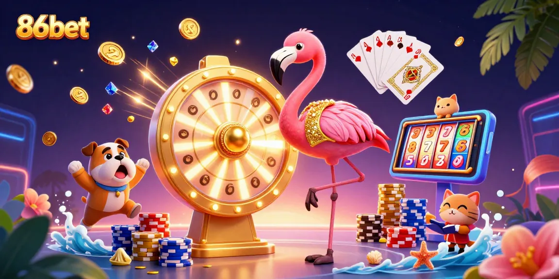 Experience the excitement of 86bet with a colorful 3D casino scene featuring prizes and playful characters.