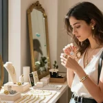 Elegant lifestyle scene showcasing everyday jewellery UK in a sunny boutique, featuring a woman exploring gold and silver accessories.