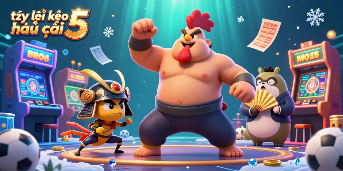 Engaging sports betting illustration showcasing tỷ lệ kèo nhà cái 5 with dynamic characters and vibrant casino elements.