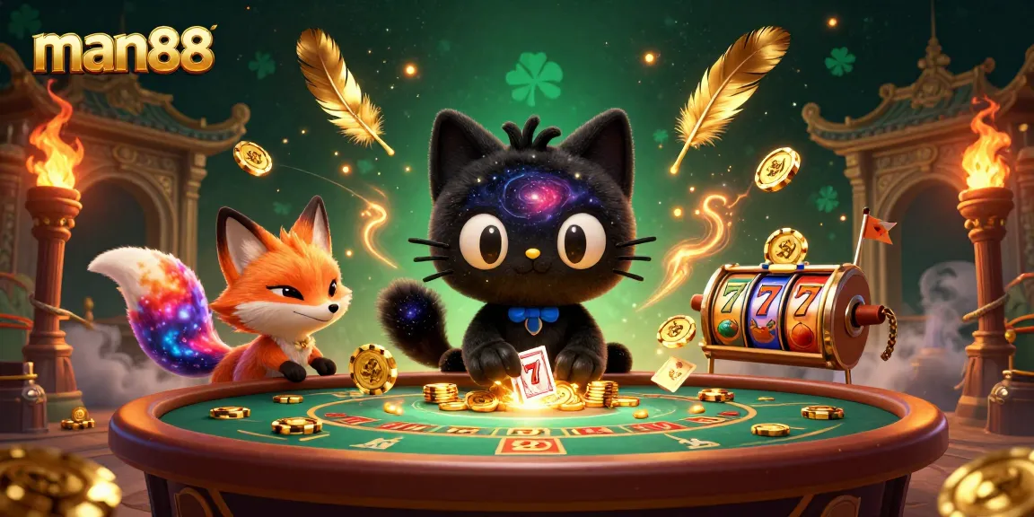 man88 showcases a cosmic casino scene with vibrant characters and slot game themes.