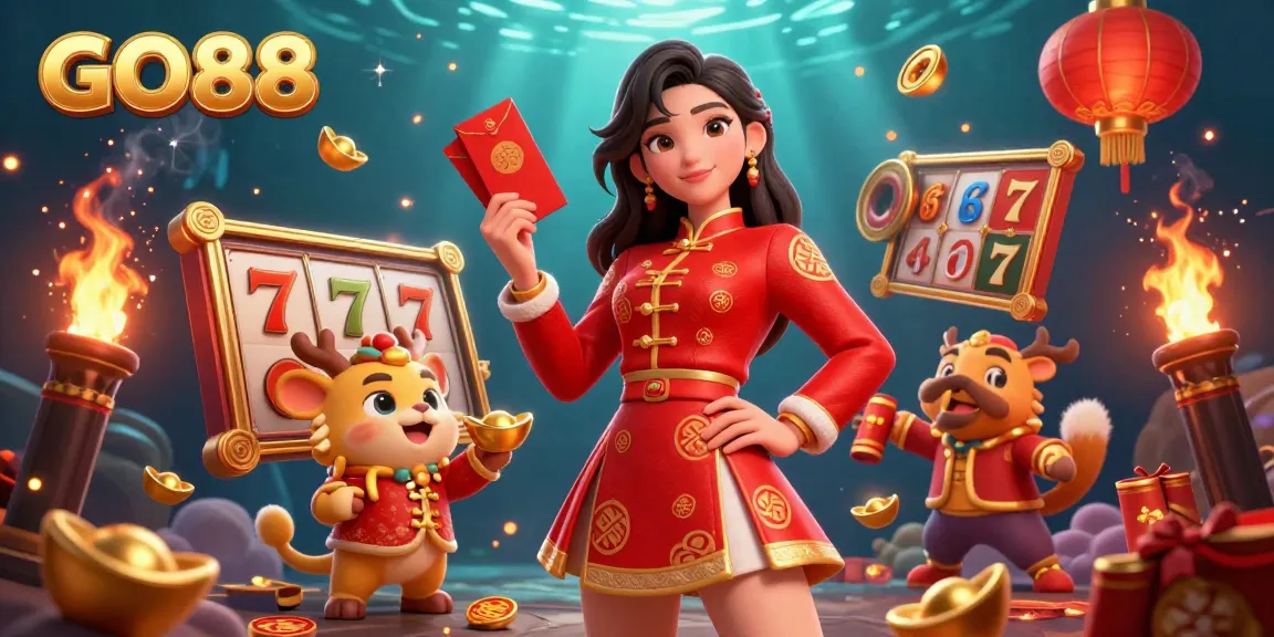 Experience the excitement of GO88 through a stunning 3D illustration showcasing dynamic gambling elements and rich decorations.