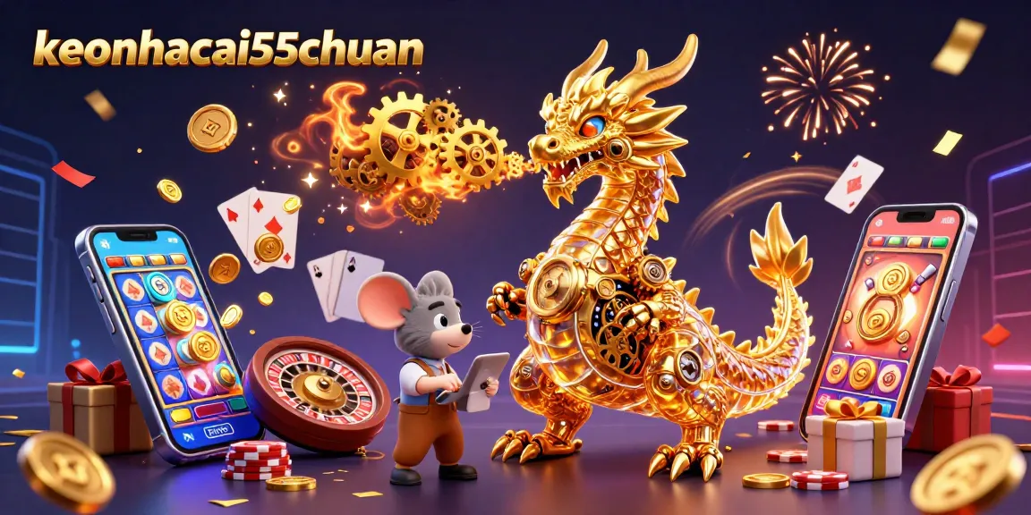 Experience thrilling gameplay with keonhacai55chuan, showcasing a golden dragon breathing gears in a vibrant casino scene.