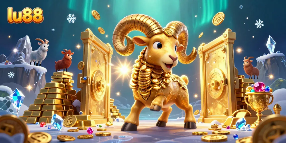 lu88 captures the excitement of a casino atmosphere with a vibrant illustration of a ram amidst treasures.