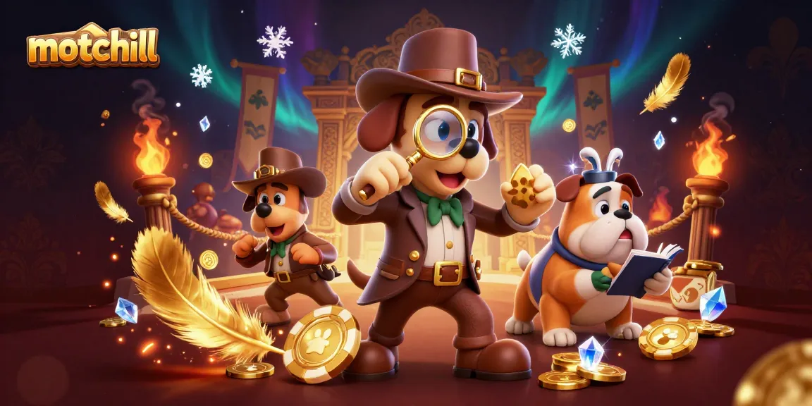 motchill showcases a vibrant 3D scene of a detective and companion exploring poker clues amidst a luxurious casino