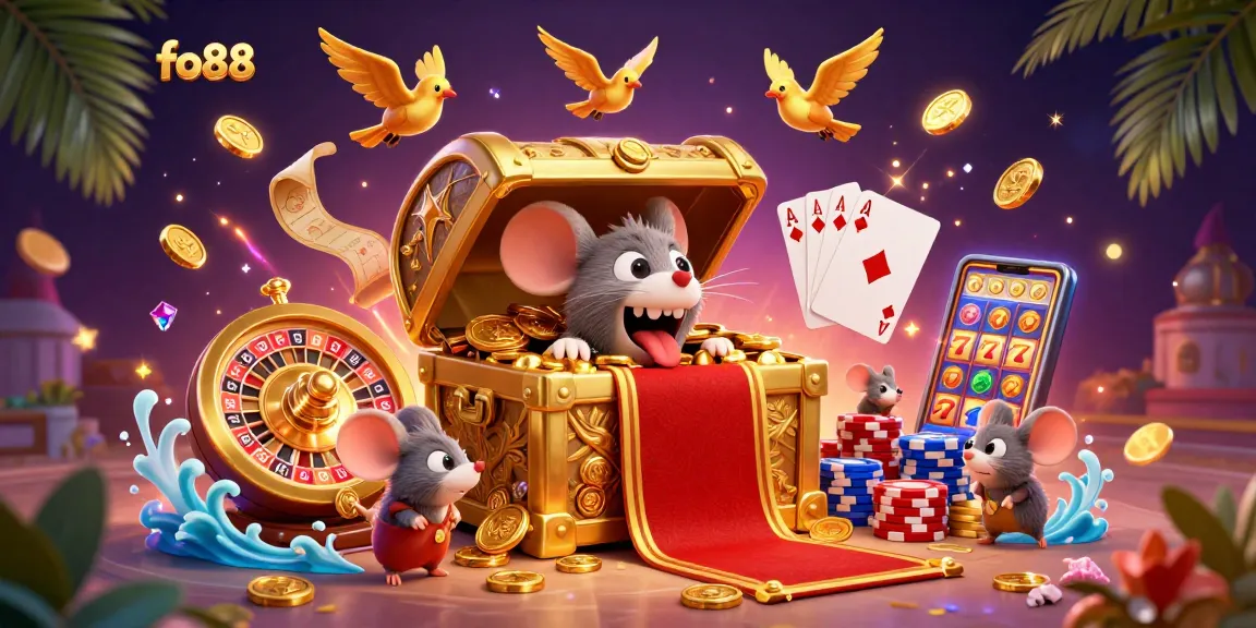 Engage in thrilling gameplay with fo88, featuring a dazzling treasure chest and vibrant casino elements.
