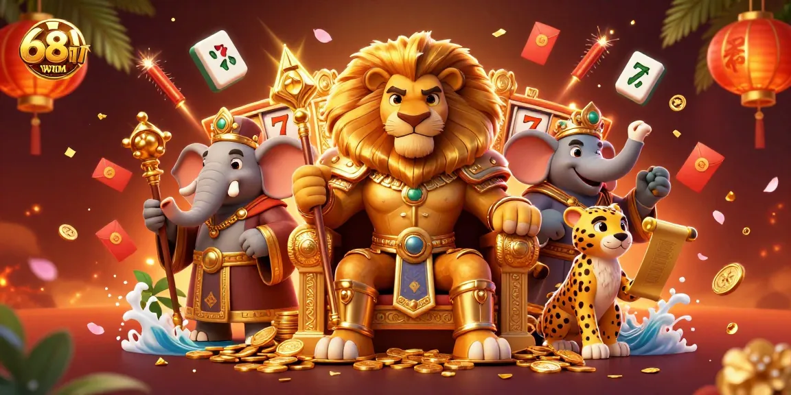 Experience the excitement of 68WIM with vibrant casino characters and games in a lively illustration.