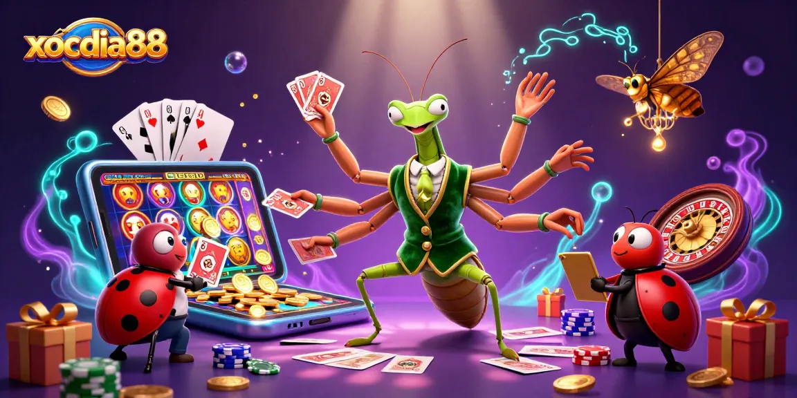 xocdia88 showcases a vibrant 3D casino scene featuring a giant praying mantis and lucky ladybug as they deal cards and celebrate wins.
