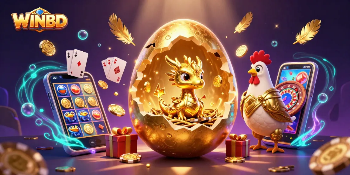 WinBD showcases a baby dragon emerging from a golden egg amidst vibrant casino elements, tailored for gamblers.