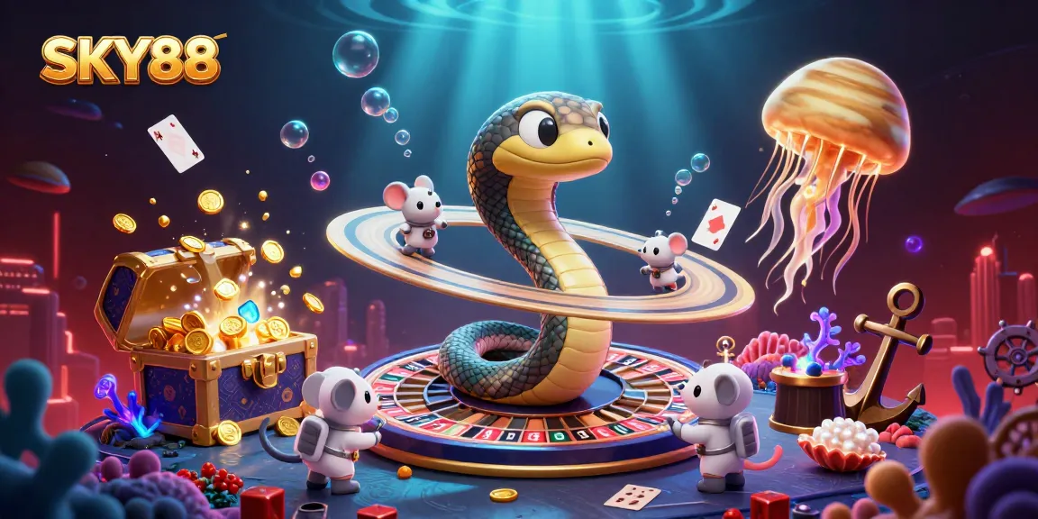 Place your bets at SKY88 as astronaut mice navigate a cosmic casino with vibrant gaming elements.