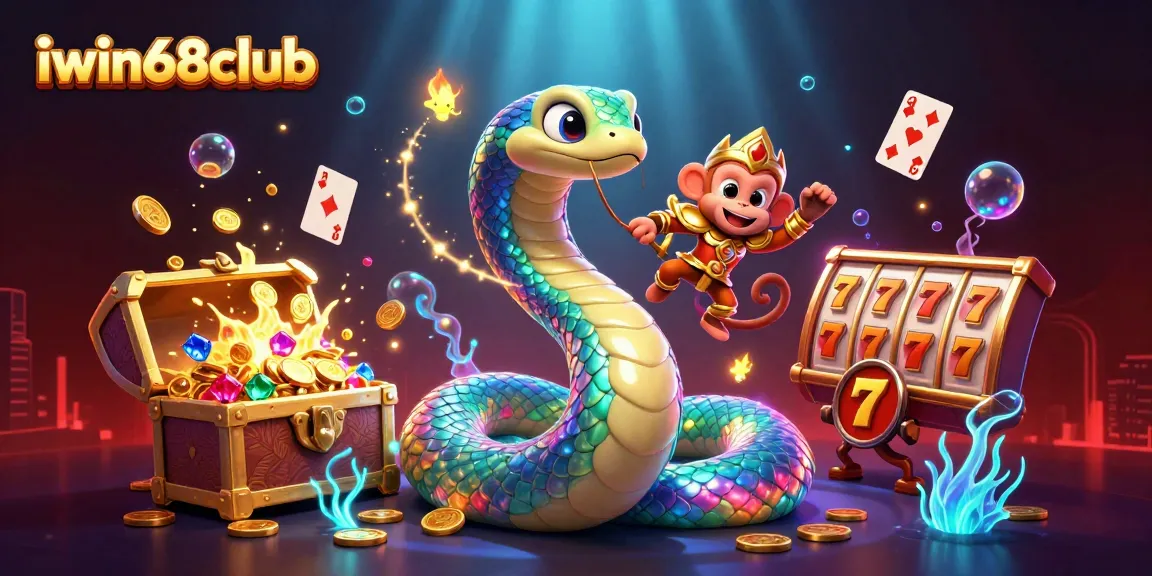 iwin68club promotes thrilling slots experience with vibrant 3D characters and rich casino imagery