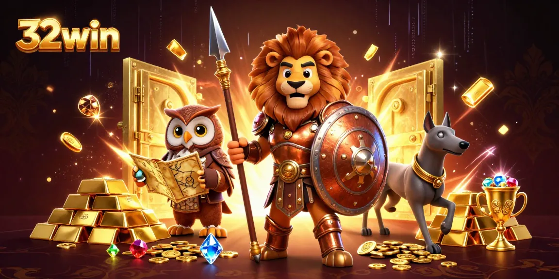 Experience 32win casino excitement with rich details and vibrant 3D characters surrounding golden treasures.