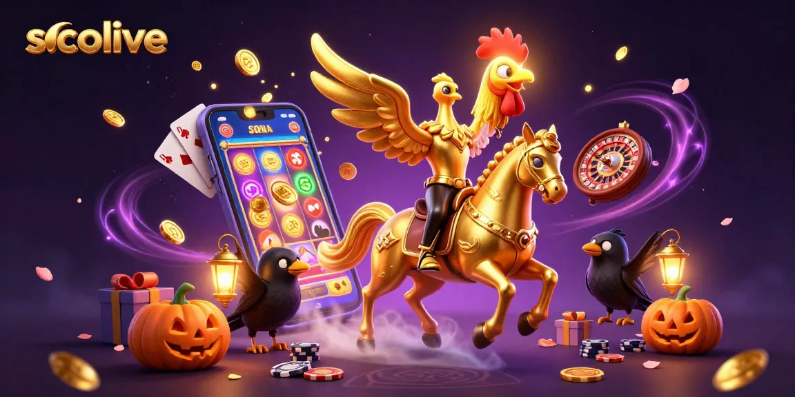 Socolive immerses viewers in a vibrant casino scene with a golden rooster and crow companions, showing dynamic slots action.