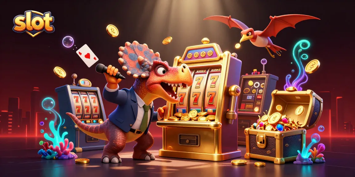 Experience a thrilling slot game with a charming dinosaur headbutting a golden slot machine, capturing flying coins.